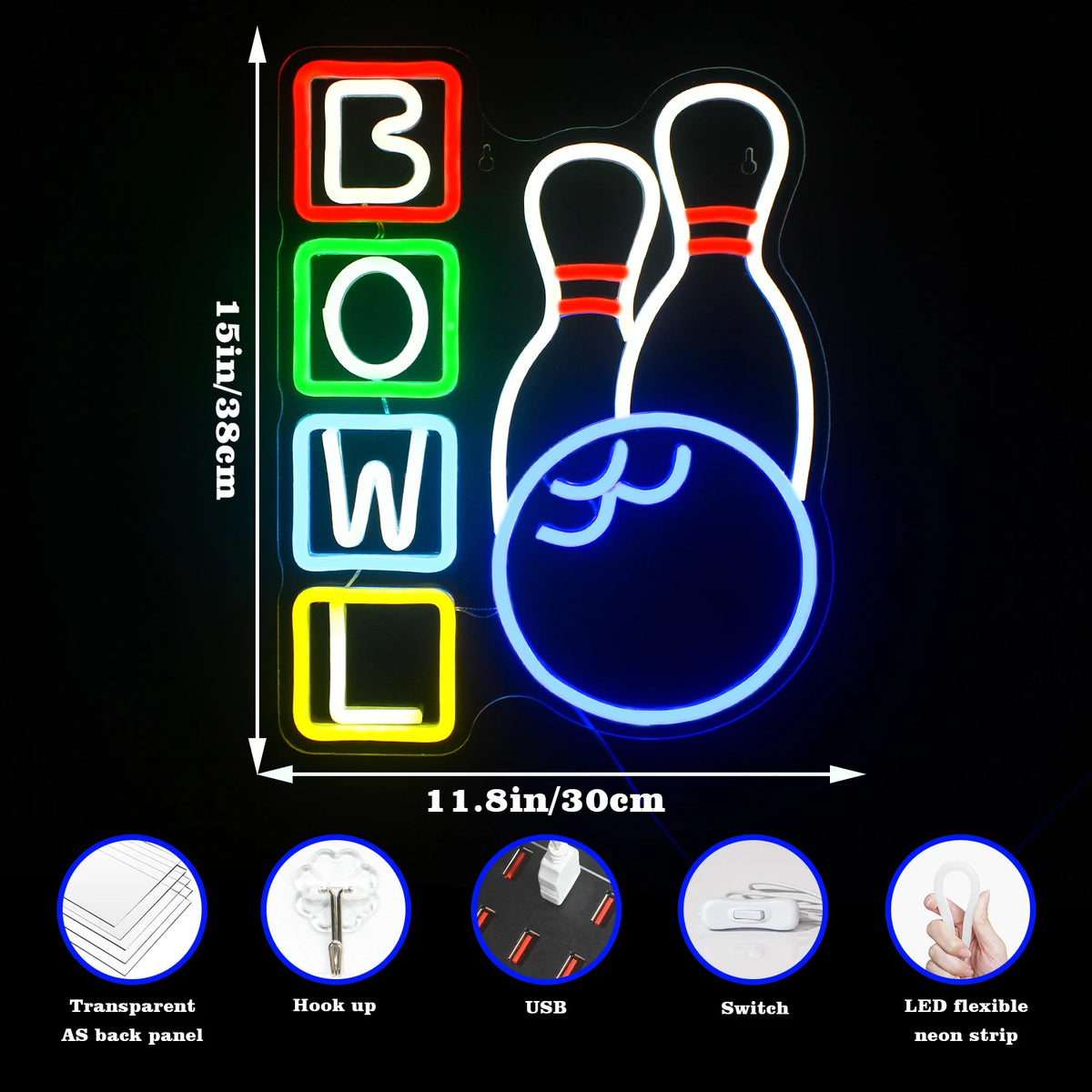 BOWL – Кегли и топка за боулинг – светеща реклама от LED неон (5 V USB)