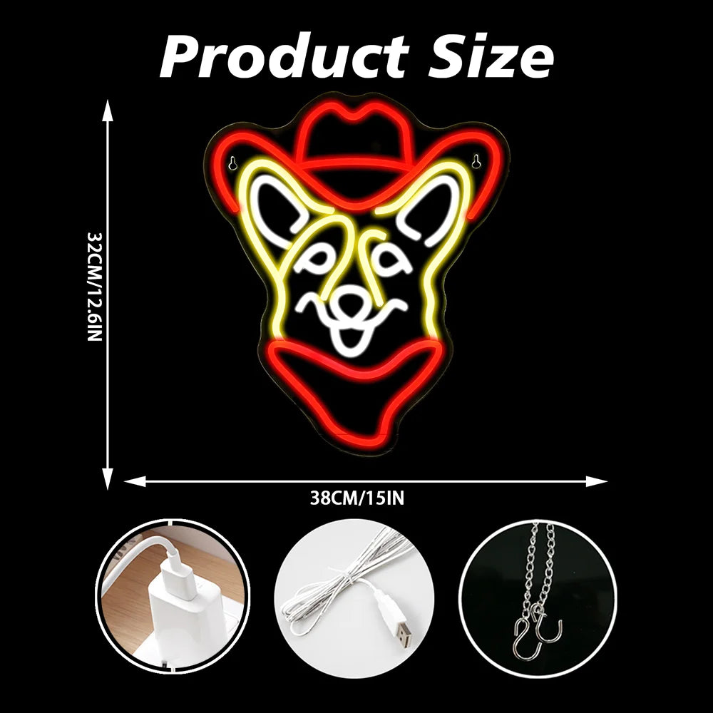 Corgi cowboykalapban – LED-neon dekoráció (5 V USB)