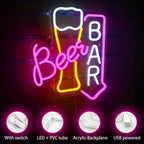Beer BAR – Alaus taurė ir rodyklė žemyn – LED neoninė reklama (5 V USB)