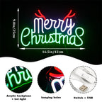 Merry Christmas – Зелени и червени букви с рога – LED неонова табела (5 V USB)