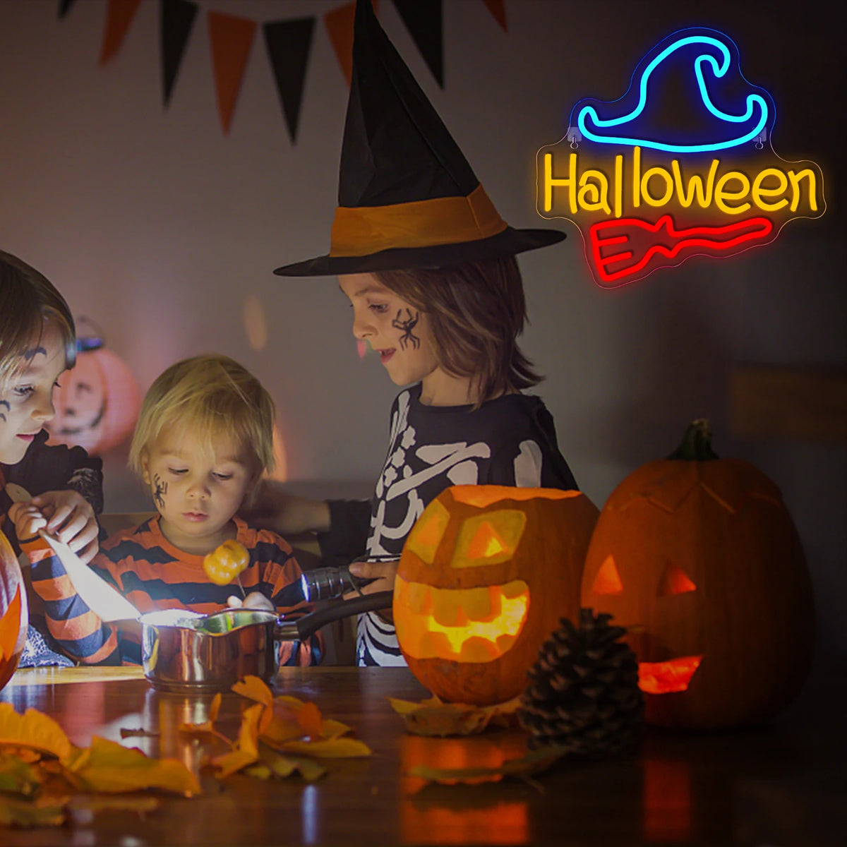 Halloween – Boszorkány seprűn – LED-neon felirat (5 V USB)