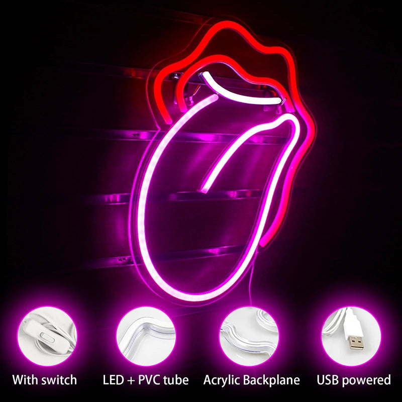 Sexy Flame Red Lips Big Tongue 5V Mini USB LED neonový nápis – cenově dostupný
