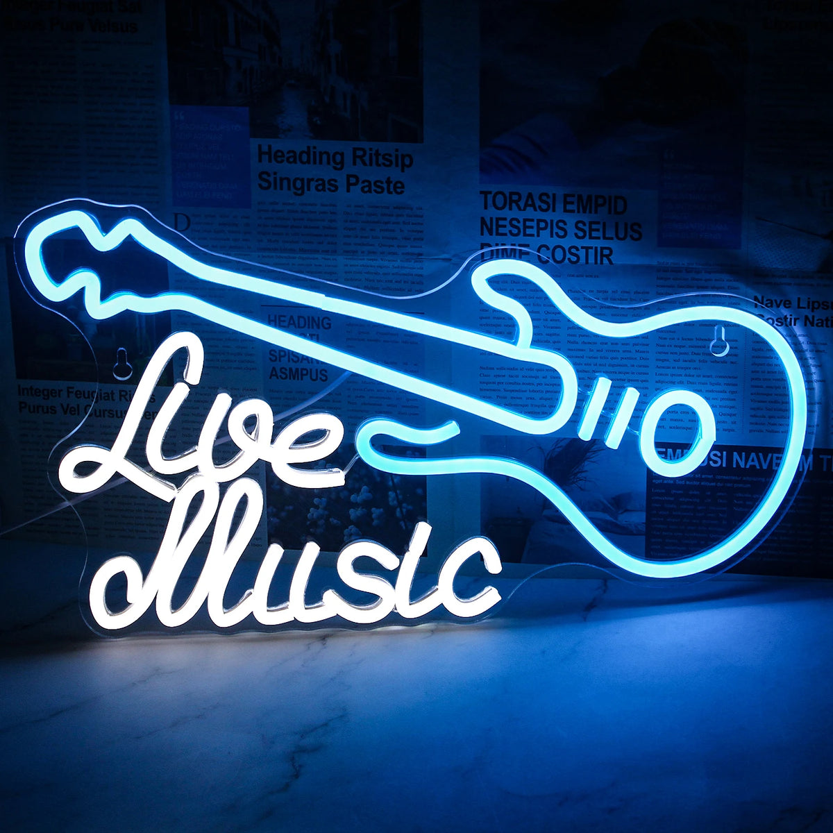 "Un vibrante letrero de neón LED con forma de guitarra eléctrica.