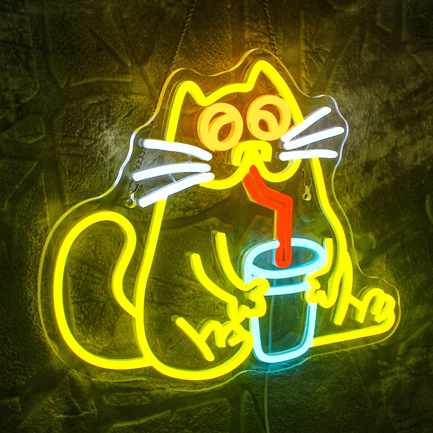 The image features a vibrant and eye-catching LED neon sign shaped like a cat.