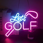 Jaskrawy neon LED wyświetlający napis „Let's Golf” w jaskrawozielonych i białych kolorach.