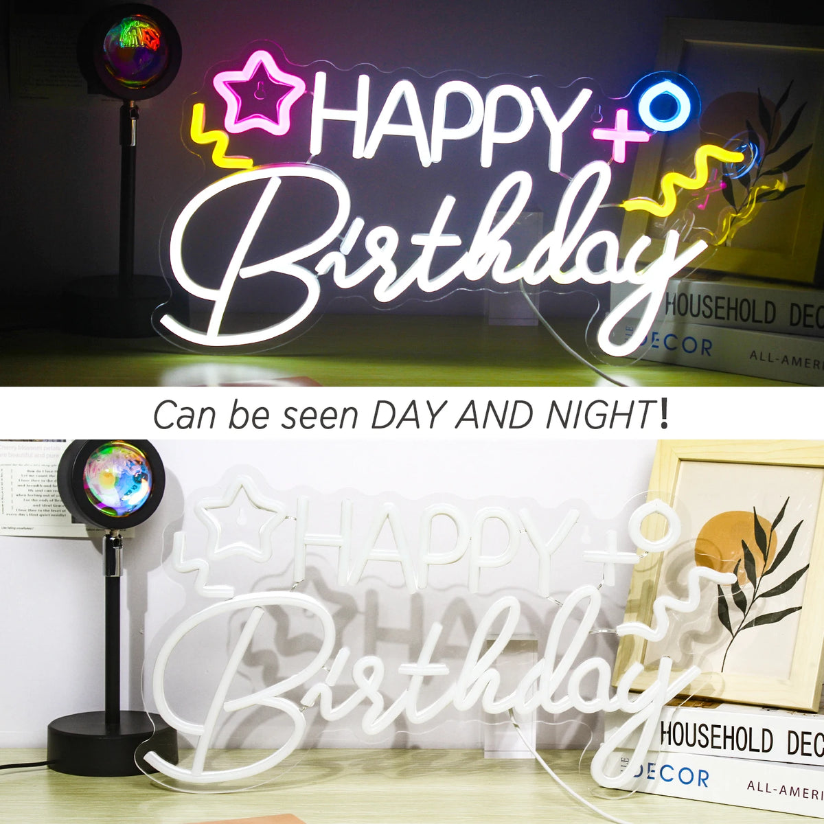 HAPPY Birthday – Csillag és színes szimbólumok – LED-neon felirat (5 V USB)