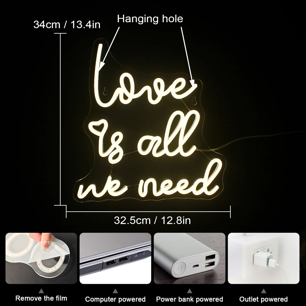 Love is all we need – LED-lysskilt (5 V USB)