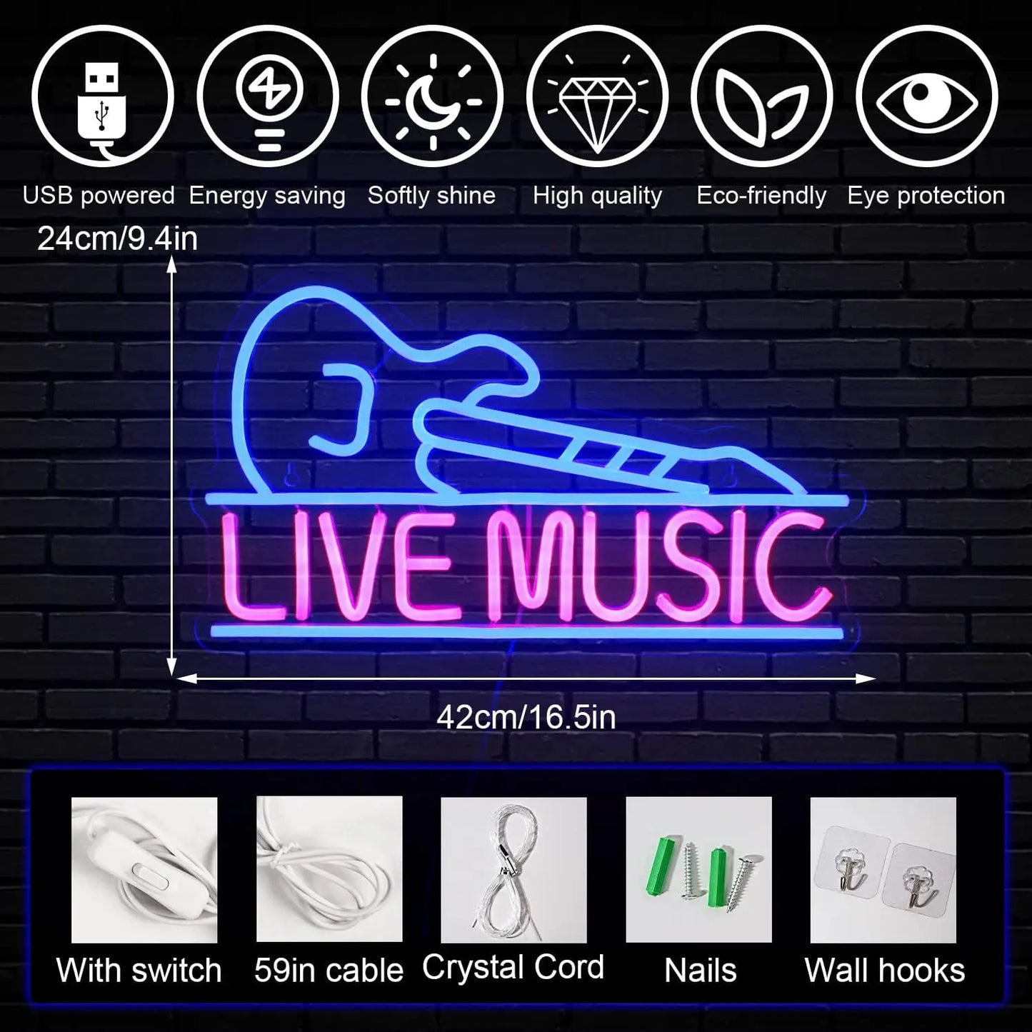 Live Music Guitar 5V Mini USB LED Neon Sign - Budget Friendly