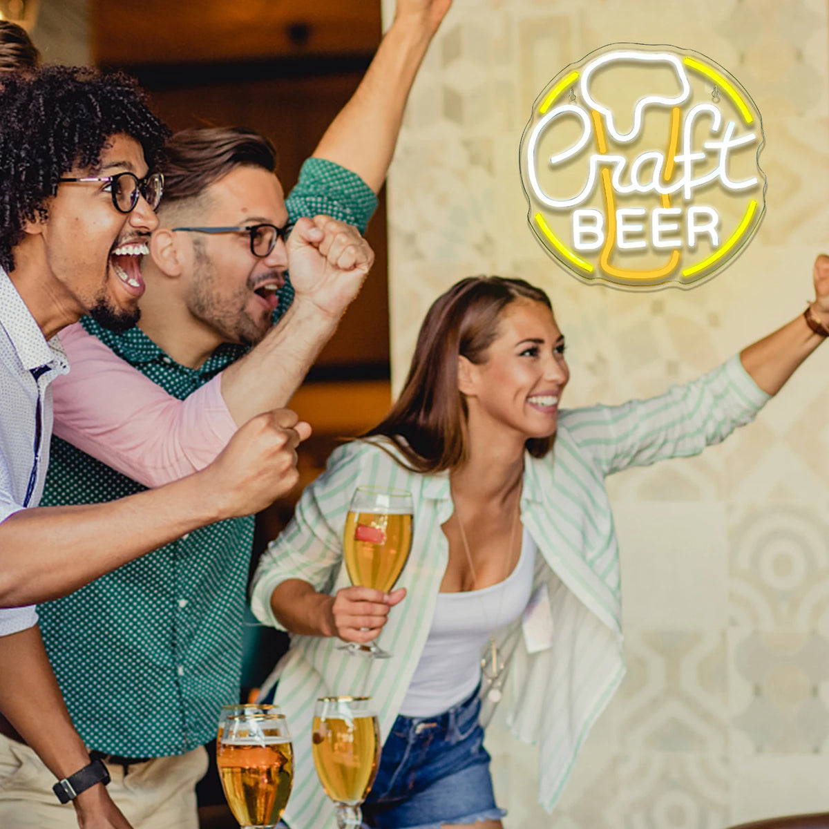 Craft BEER – Szklanka piwa i okrągła ramka – neon reklamowy LED (5 V USB)