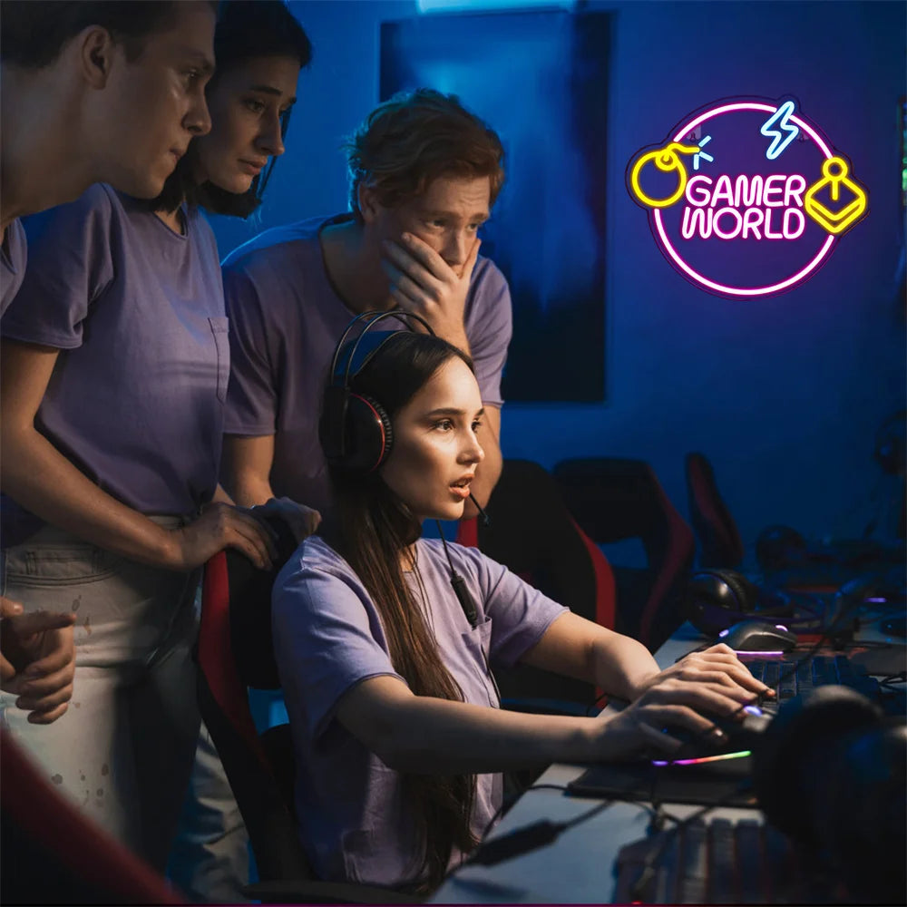 GAMER WORLD – Bombe, Joystick und Blitzkreis – LED-Neonschild (5 V USB)