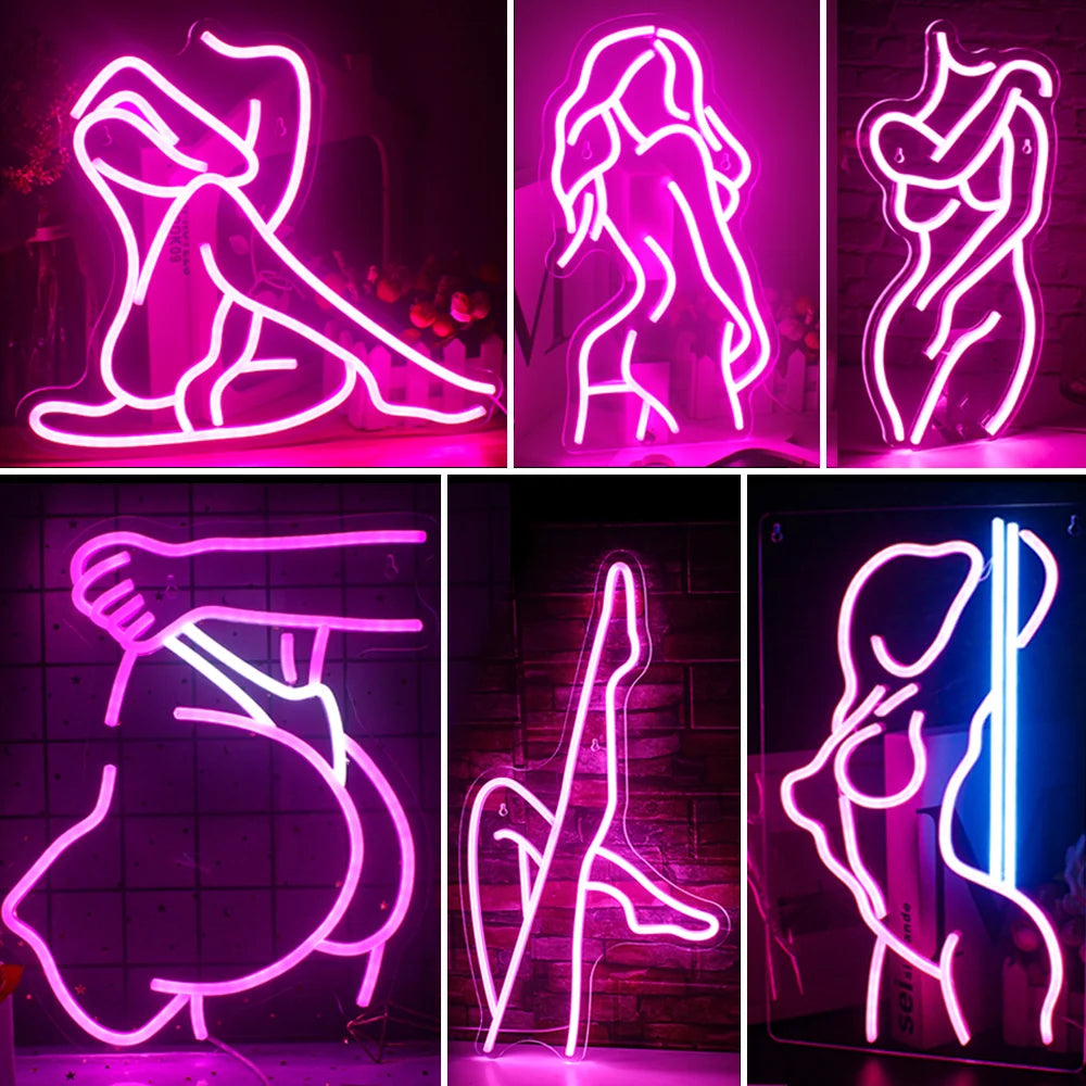 A képen egy élénk LED-es neonreklám egy szexi hölgy sziluettjét ábrázolja.