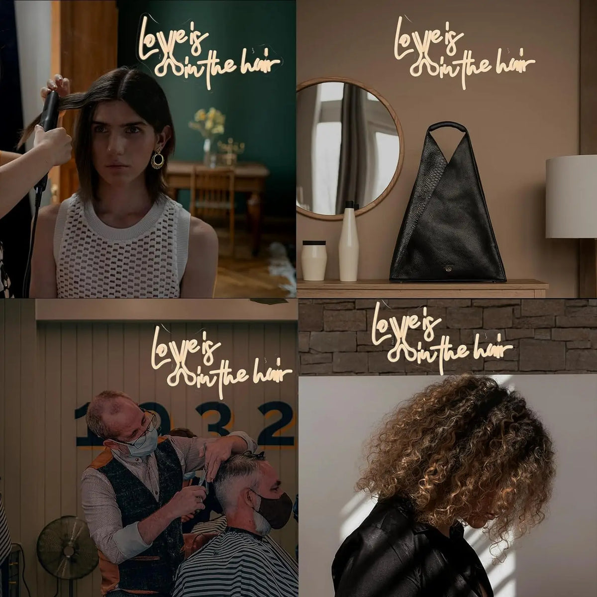 Love is in the hair – Nožnice začlenené do písma – LED neónová reklama (5 V USB)
