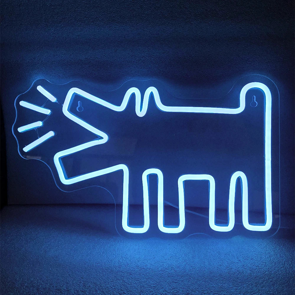 A vibrant LED neon sign shaped like a playful dog is illuminated on a dark background.