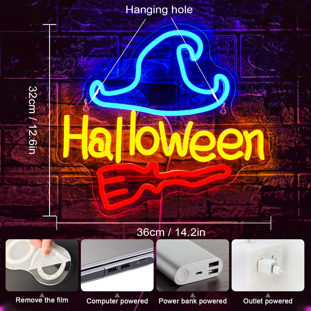 Halloween – Boszorkány seprűn – LED-neon felirat (5 V USB)