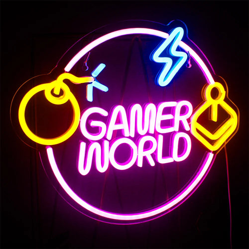 GAMER WORLD – Bombe, joystick og cirkel med lyn – LED-lysskilt (5 V USB)