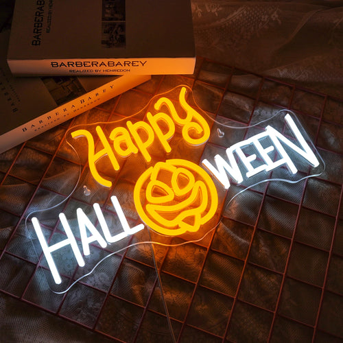 Happy Halloween – Tök az O betű helyén – LED-neon felirat (5 V USB)