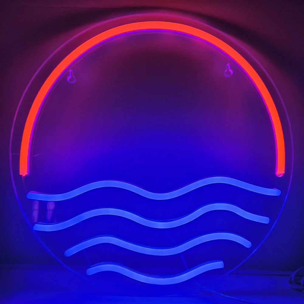 The image features a vibrant and eye-catching LED neon sign depicting a stunning sunset over the sea.