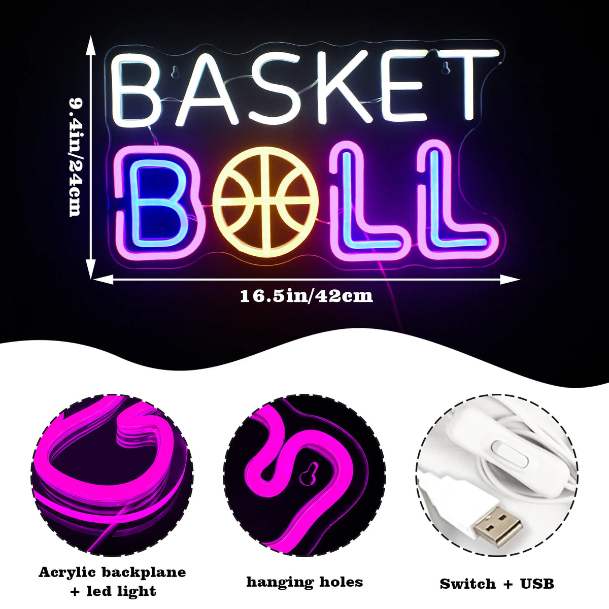 BASKET BALL – Kosárlabda a BALL szó A betűje helyén – LED-neon fényreklám (5 V USB)