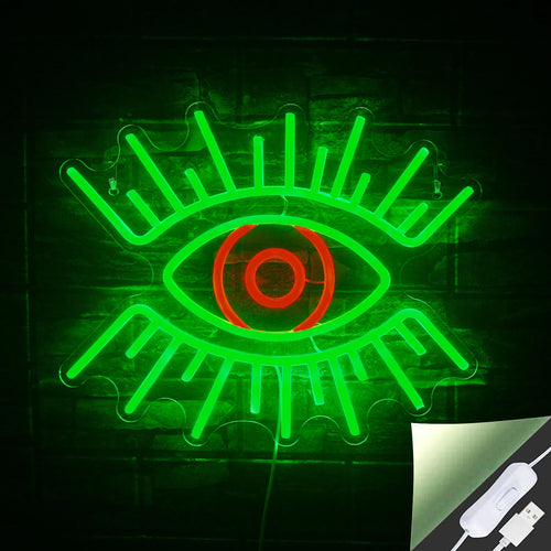 Na zdjęciu widoczny jest jaskrawy neon LED w kształcie pary oczu.