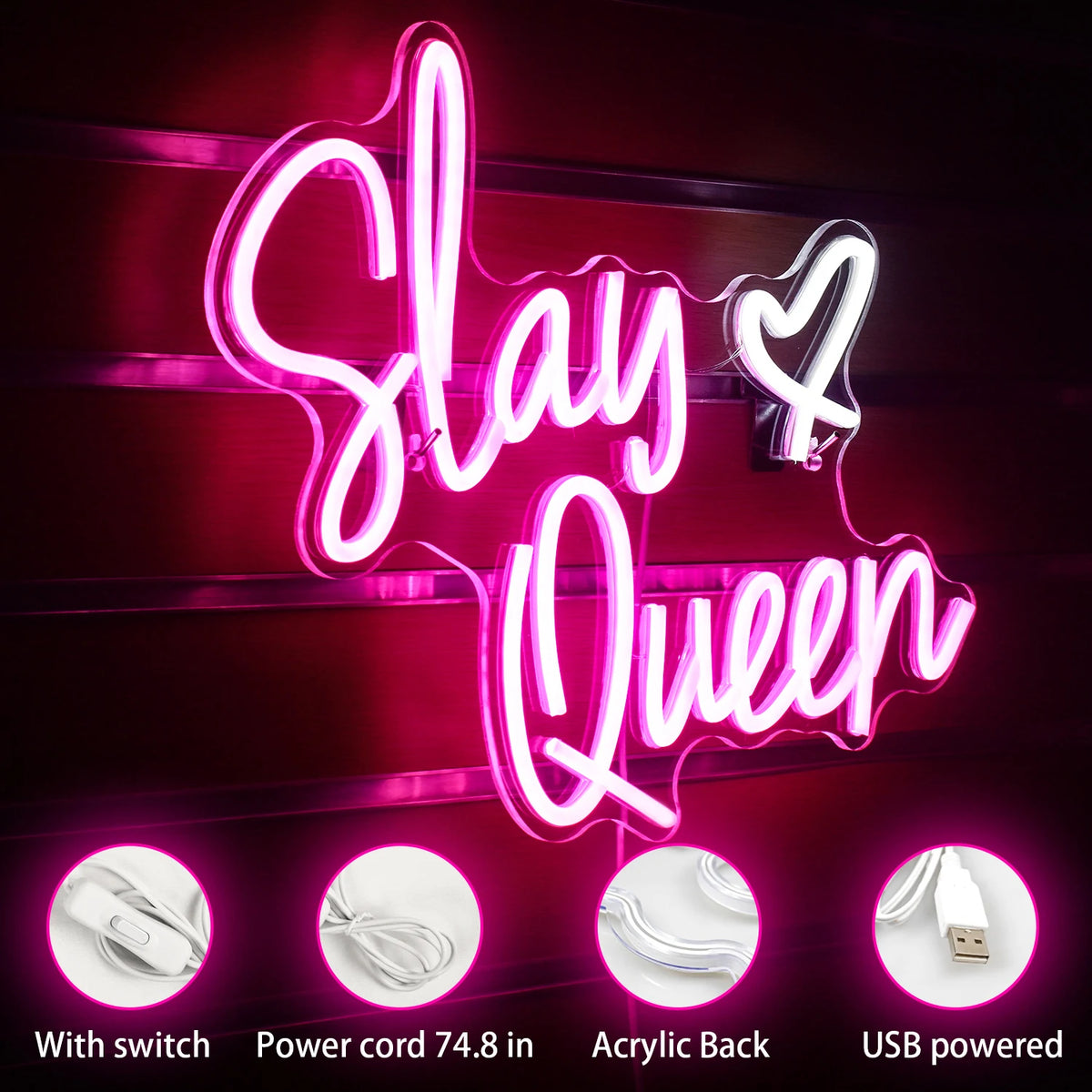 Slay Queen – Hjerte – LED-neonskilt (5 V USB)