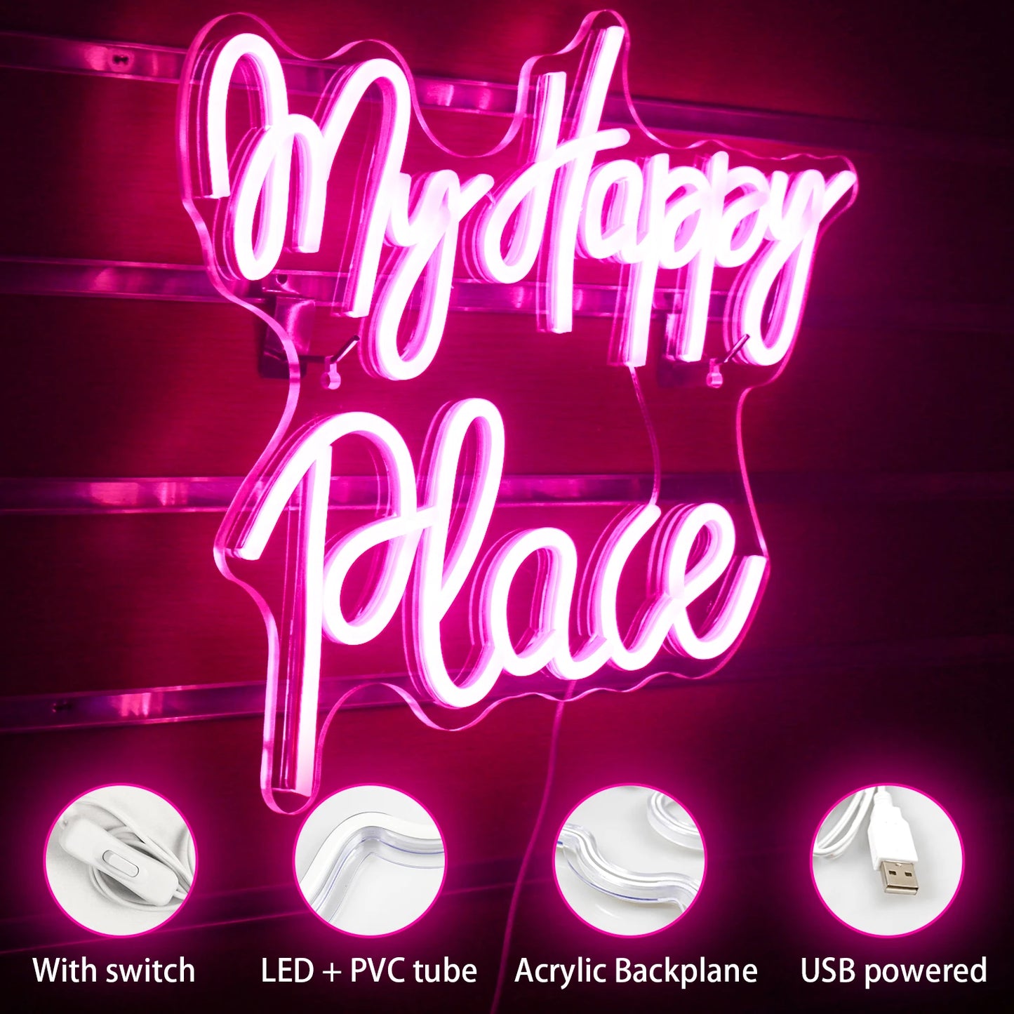 My Happy Place 5V Mini USB LED Neon Sign - Budget Friendly