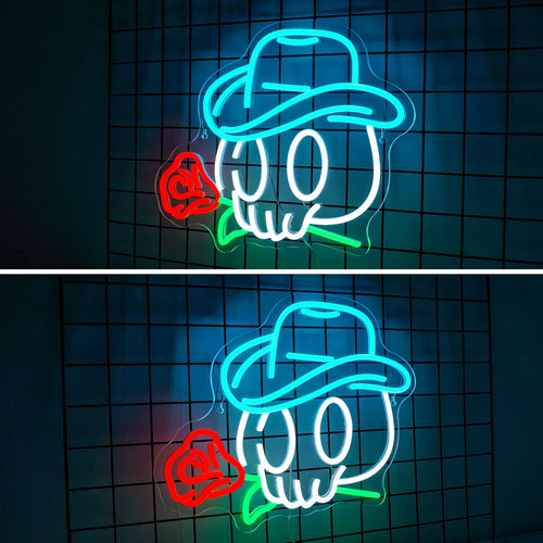 Calavera vaquera y rosa – neón LED (5 V USB)