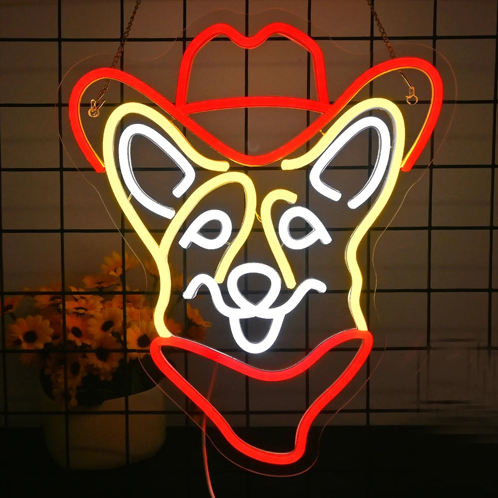 A képen élénk LED-neonreklám látható, cowboykalapot viselő corgi kutya alakjában.