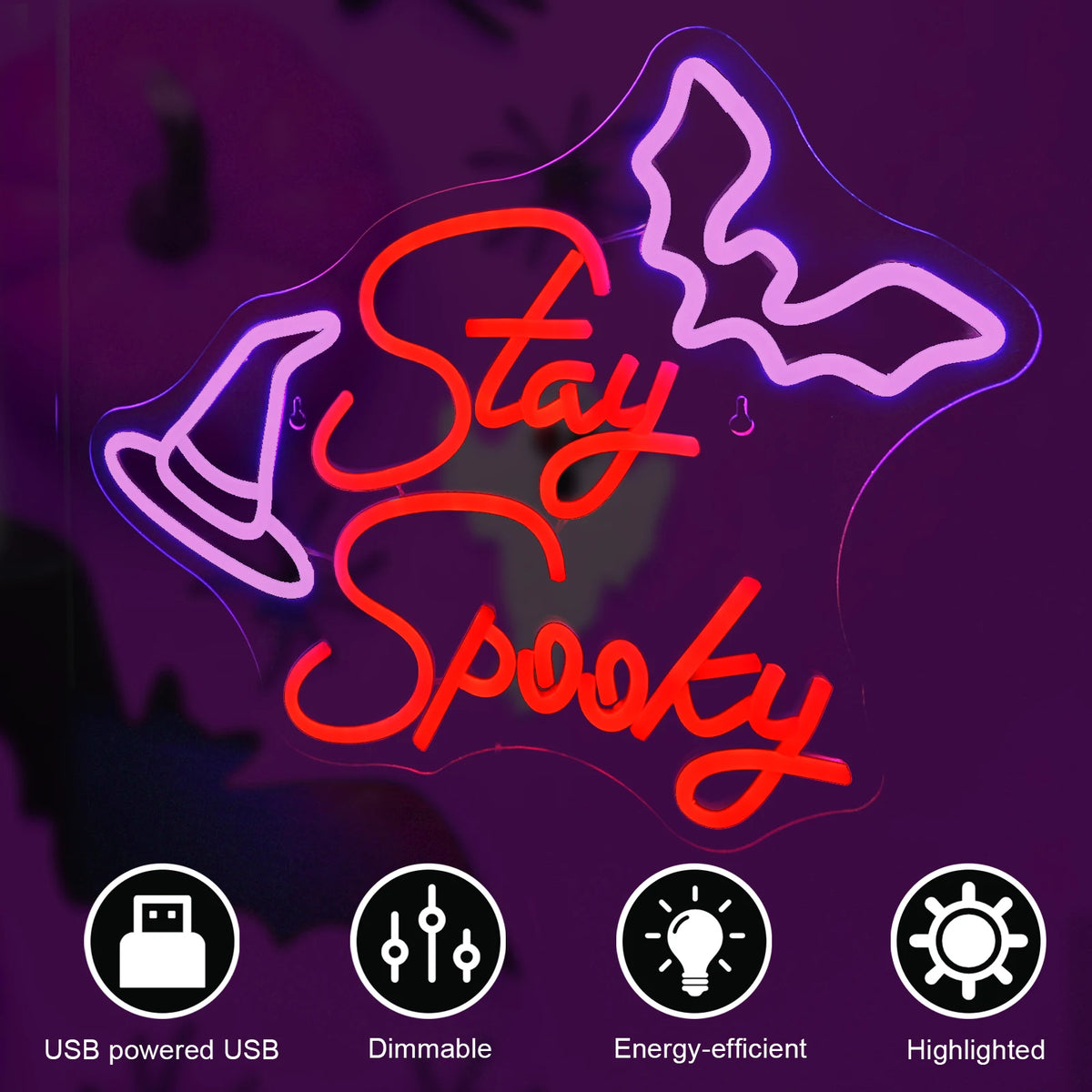 Stay Spooky – Boszorkánykalap és denevér – LED-neon felirat (5 V USB)