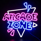 Pildil on elav LED-neoonmärk, millel on paksus, stiliseeritud tähtedega sõnad "Arcade Zone".