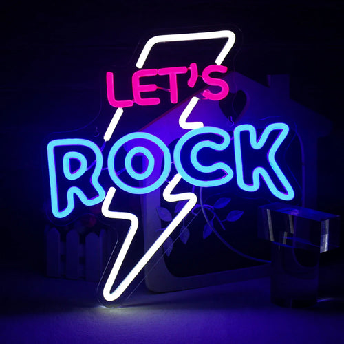 Jaskrawy neon LED wyświetlający napis „Let's Rock” w przyciągającym wzrok wzorze.