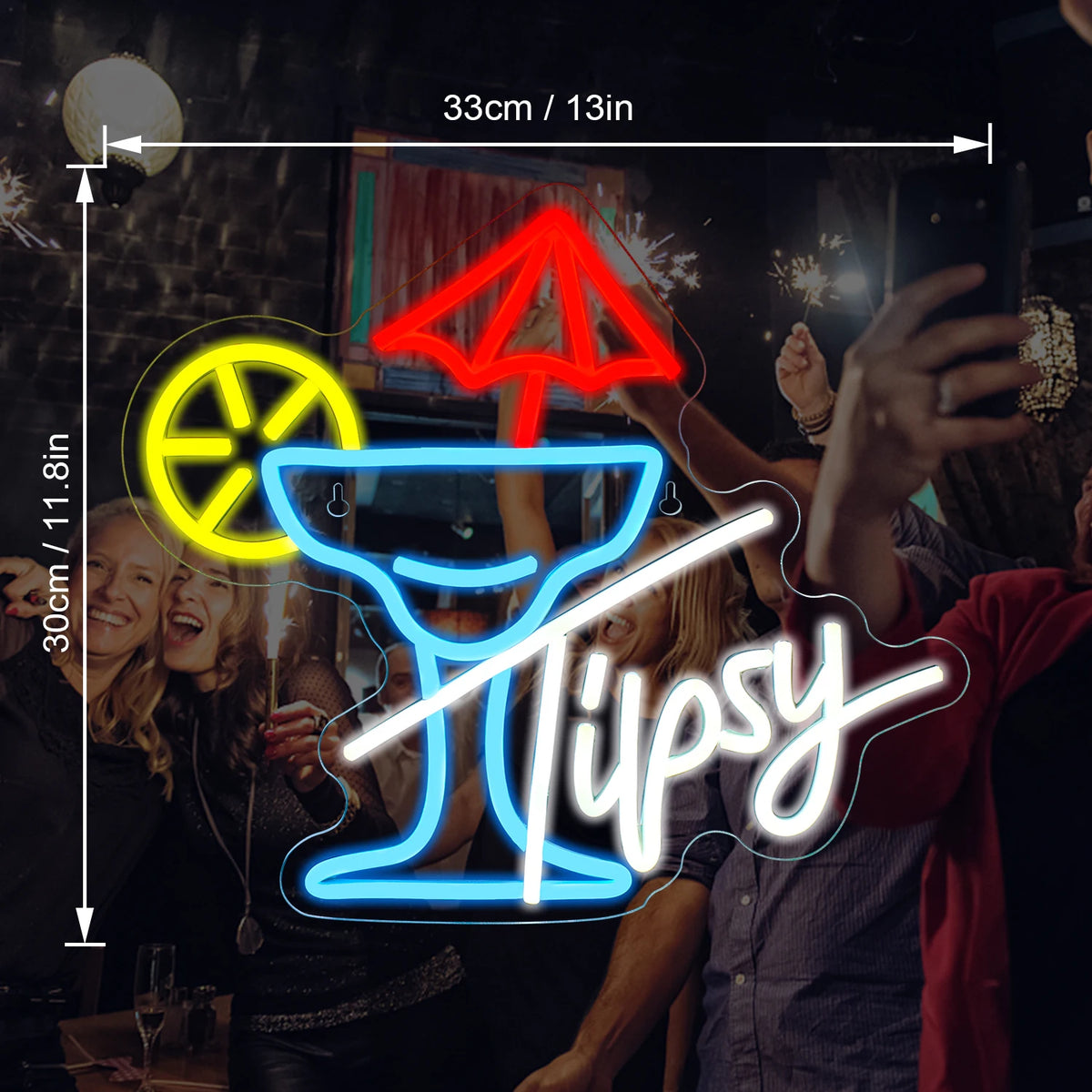 Tipsy – Cocktailglas med paraply og citrusskive – LED-lysskilt (5 V USB)