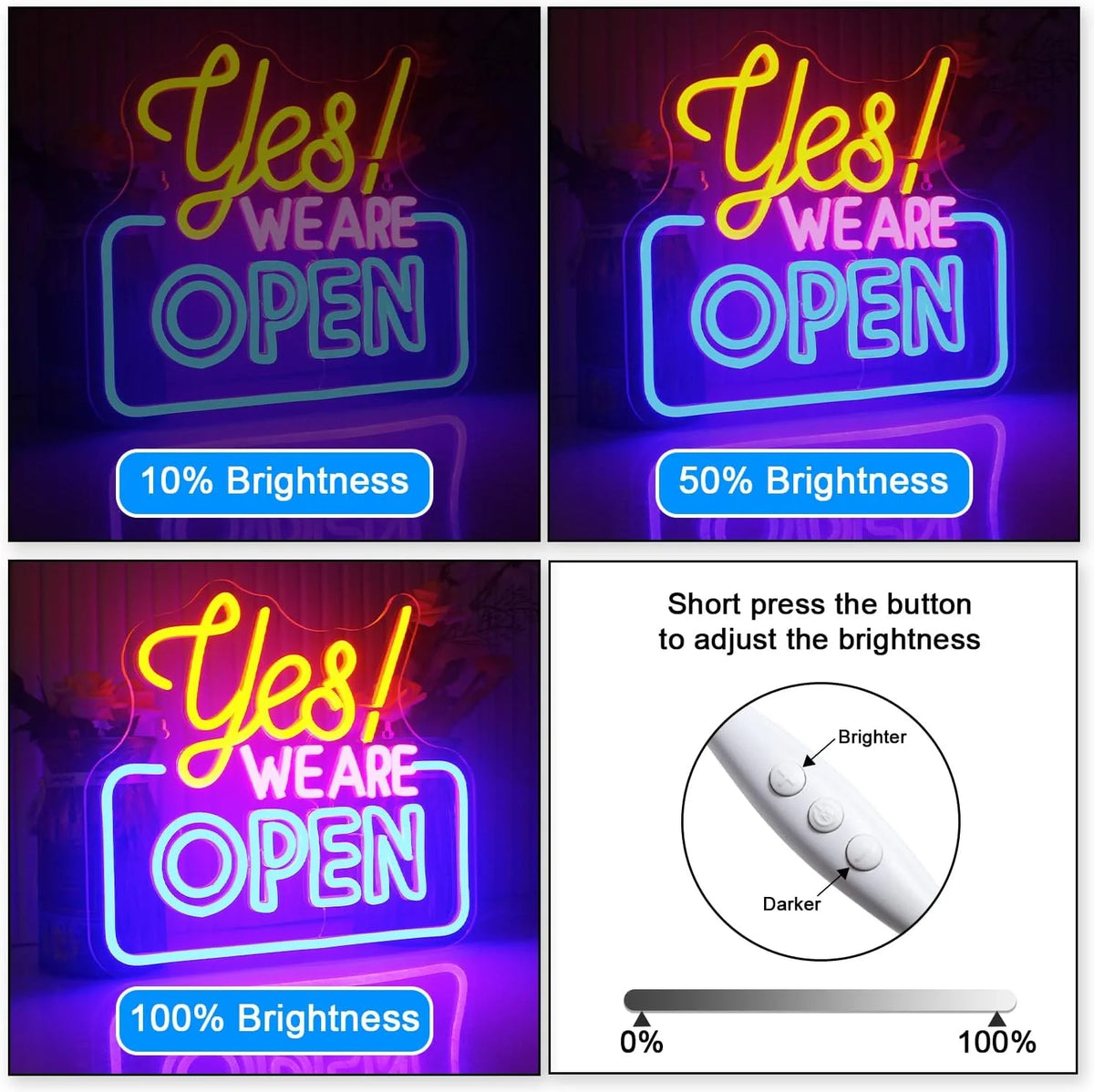 “Yes We Are Open” (правоъгълна рамка) – LED неонова табела (5 V USB)