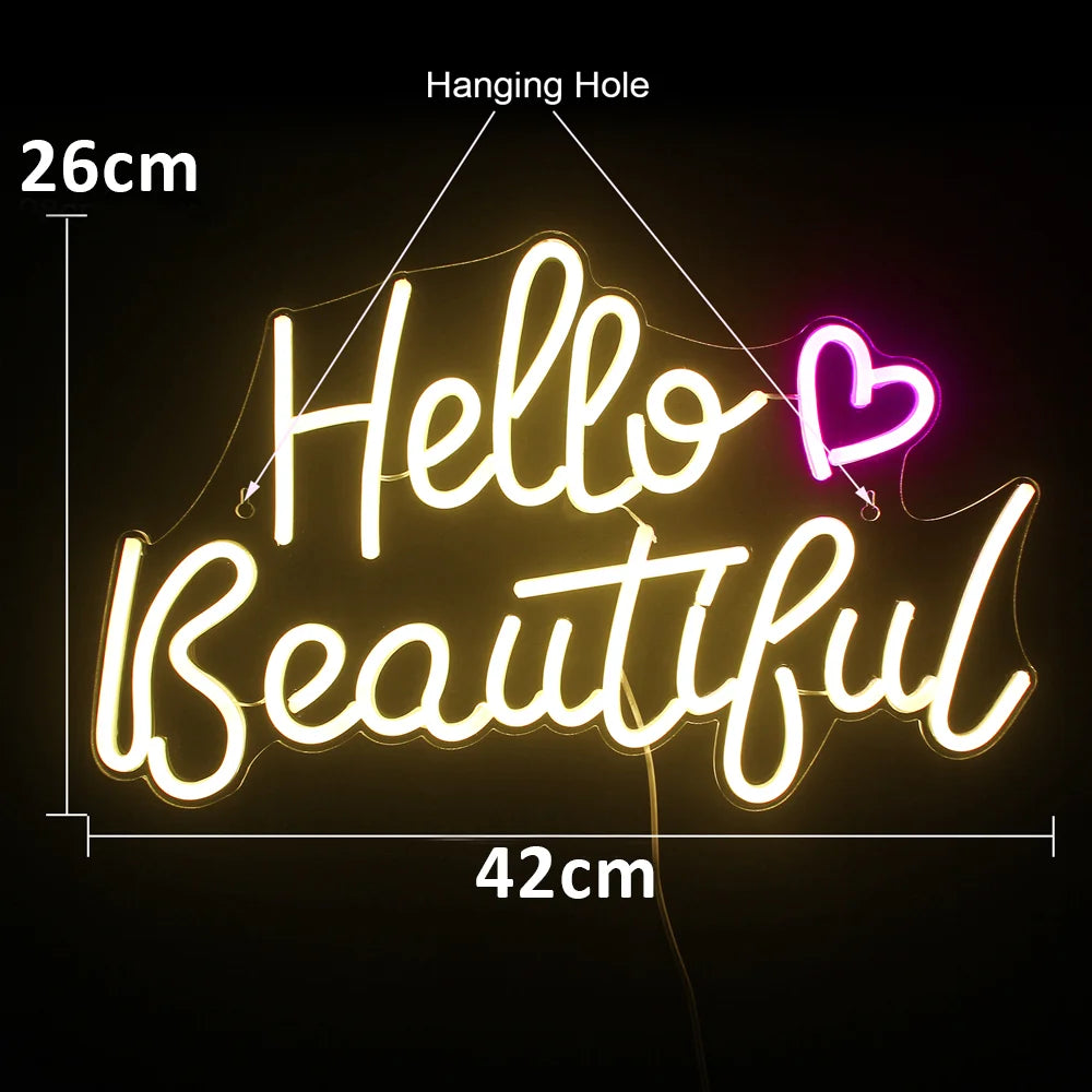 Hello Beautiful – Cœur – enseigne néon LED (5 V USB)