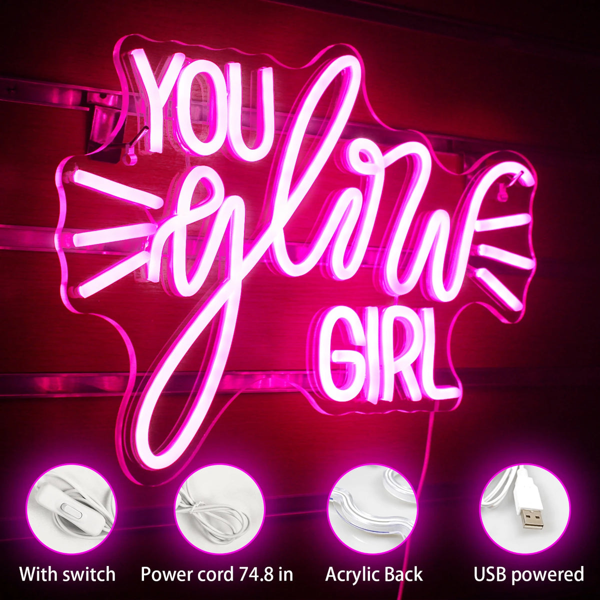 YOU glow GIRL – Lichtstralen – LED-neonbord (5 V USB)