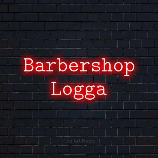 Personlig neonskylt med texten “Barbershop Logga” på en svart tegelvägg