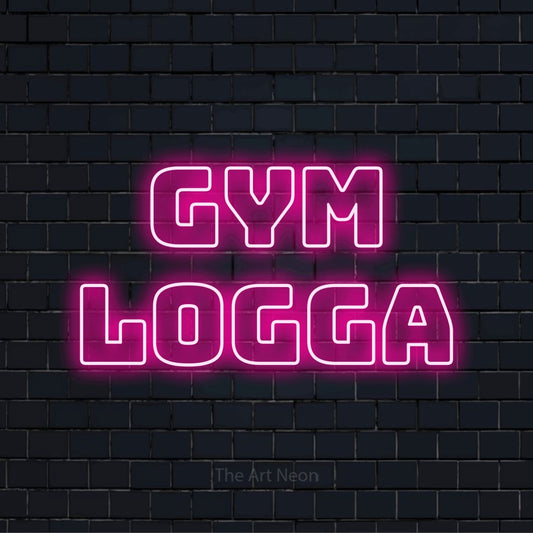 Personlig neonskylt med texten “Gym Logga” på en svart tegelvägg