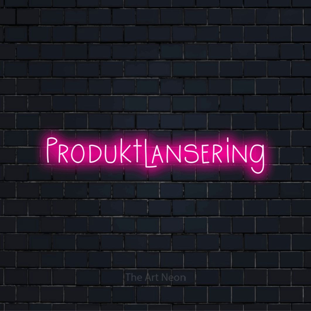 Personlig neonskylt med texten “Produktlansering” på en svart tegelvägg