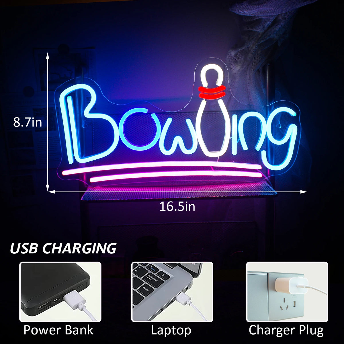 Bowling – Bowlingpin als Buchstabe und Unterstreichungen – LED-Neonschild (5 V USB)