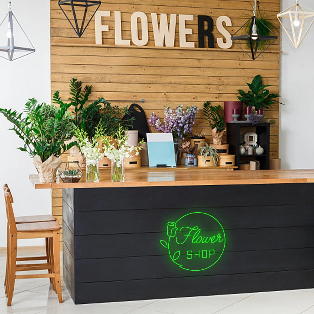 Flower SHOP – Rose et cadre rond – néon LED (5 V USB)