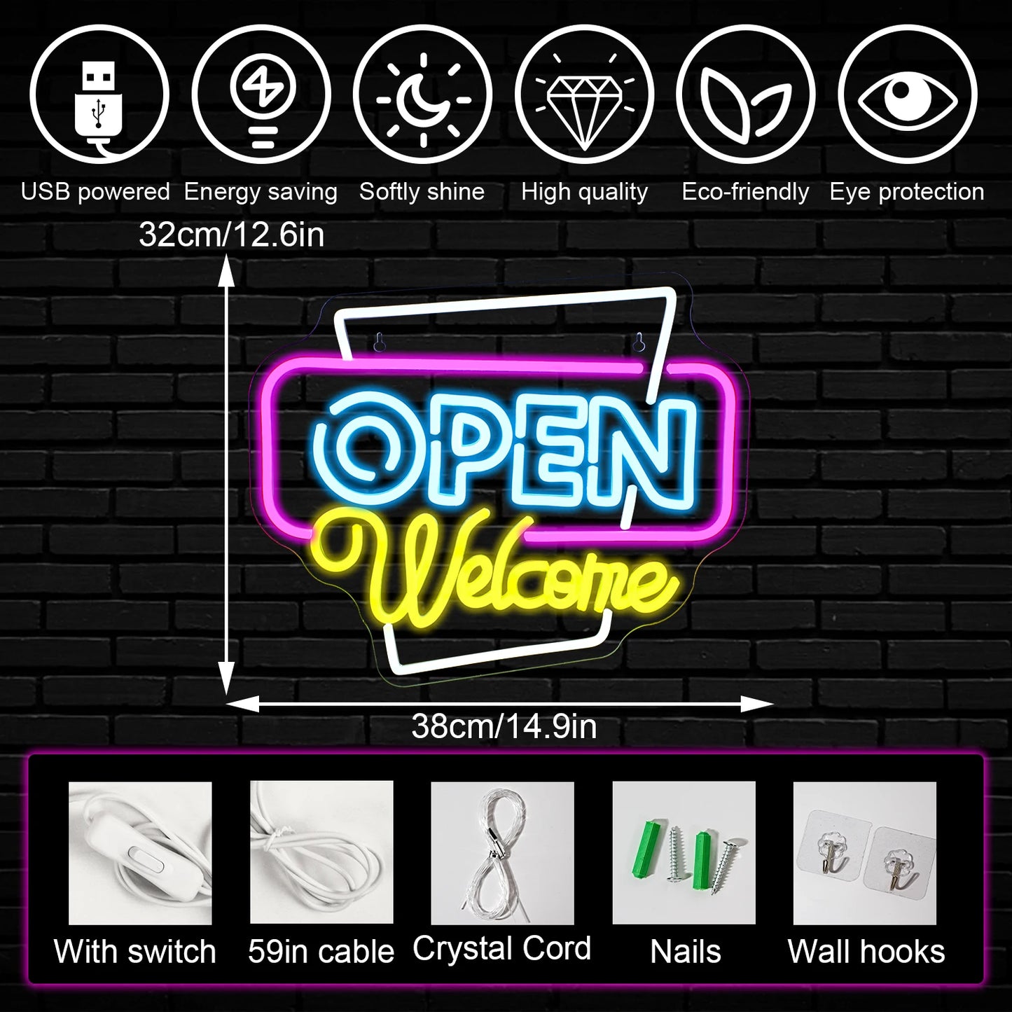 Open Welcome 5V Mini USB LED Neon Sign - Budget Friendly