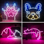 Un panou cu neon LED vibrant, în formă de laba unui câine, strălucind într-o nuanță strălucitoare.