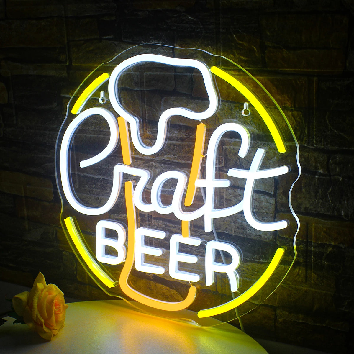 Craft BEER – Szklanka piwa i okrągła ramka – neon reklamowy LED (5 V USB)