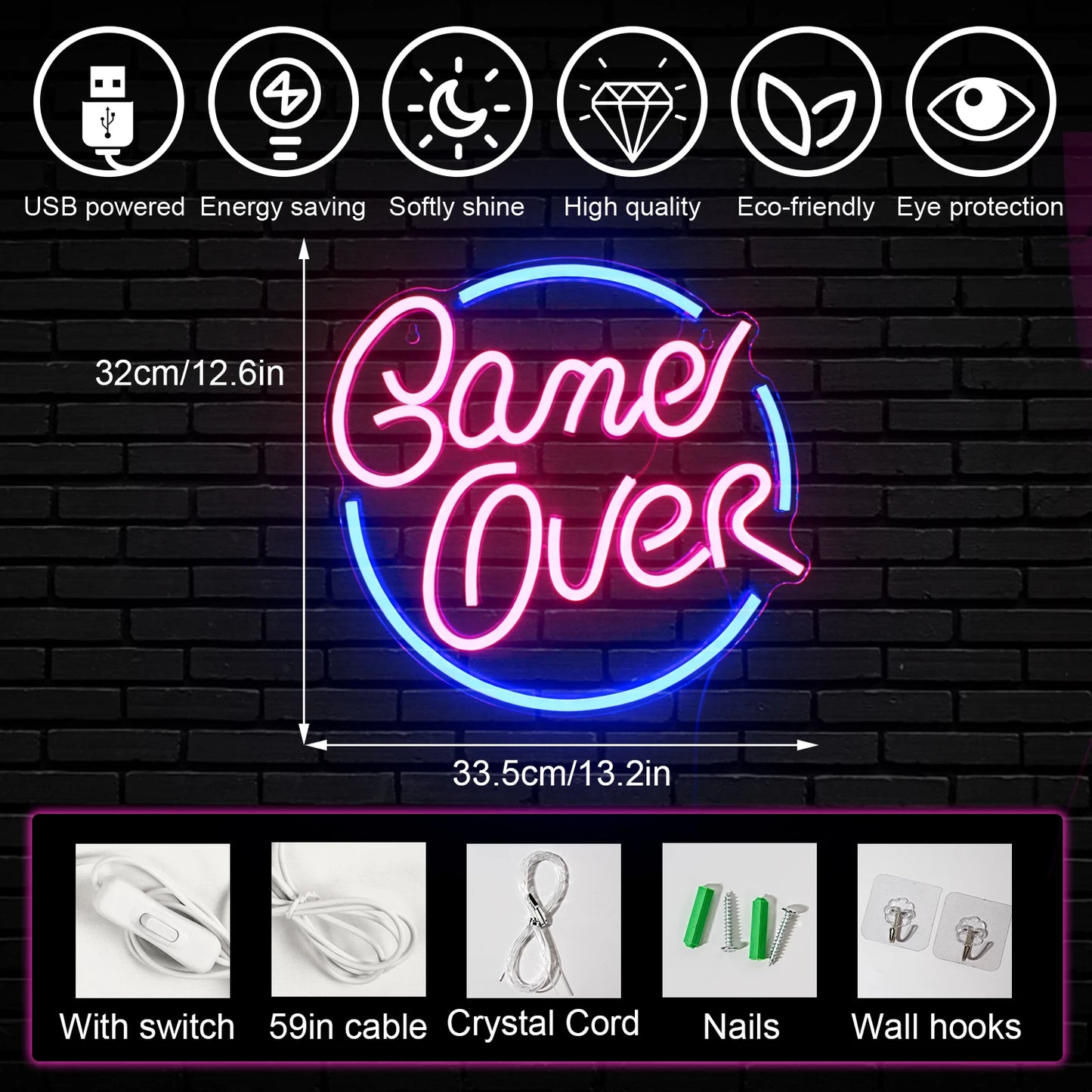 Game Over 5V Mini USB LED Neon Sign - Budget Friendly