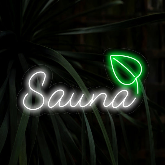 "Sauna and Leaf Neon Sign" radiates tranquility with its soothing design, adding an inviting and natural touch to your spa or wellness interior.