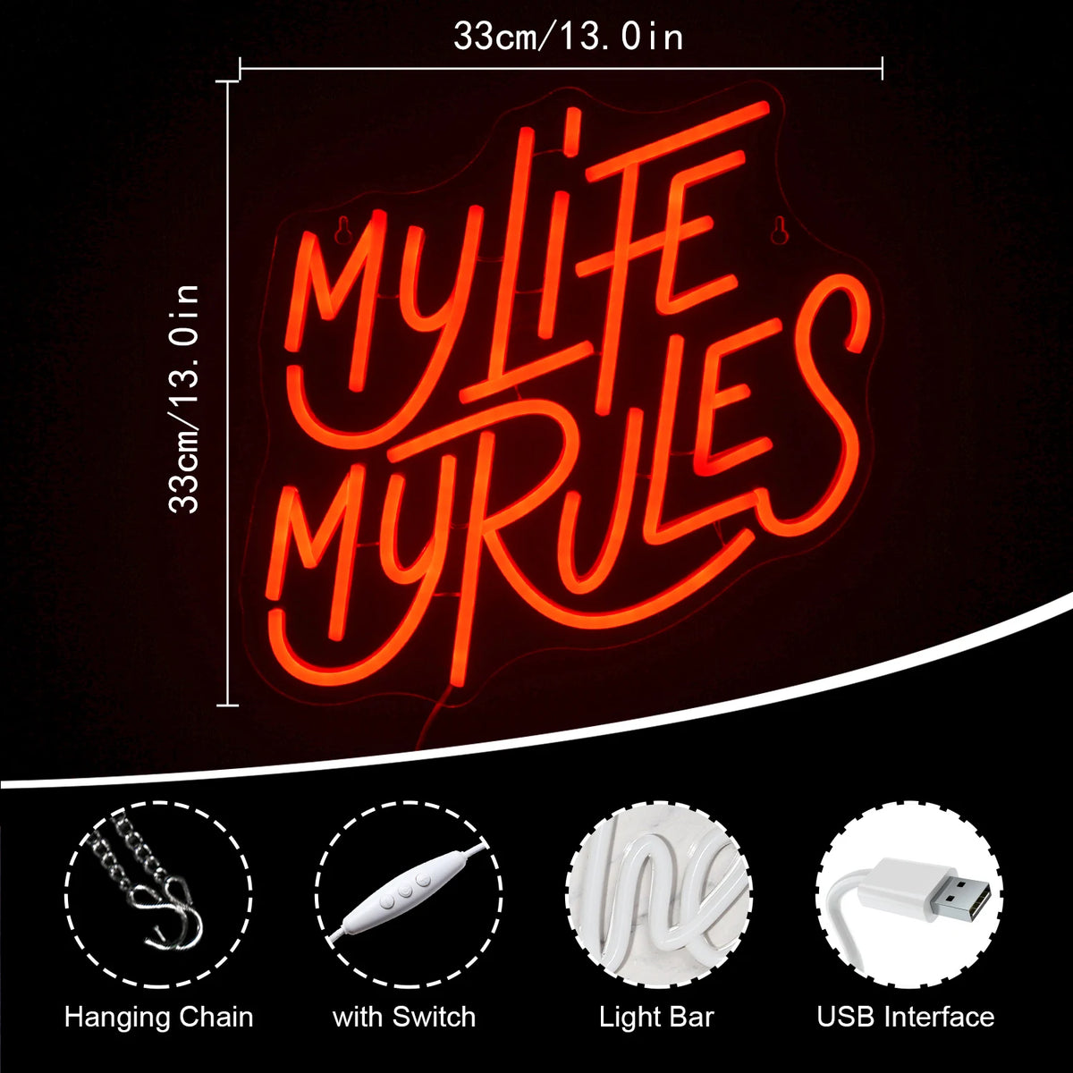 My Life My Rules – LED neónový nápis (5 V USB)