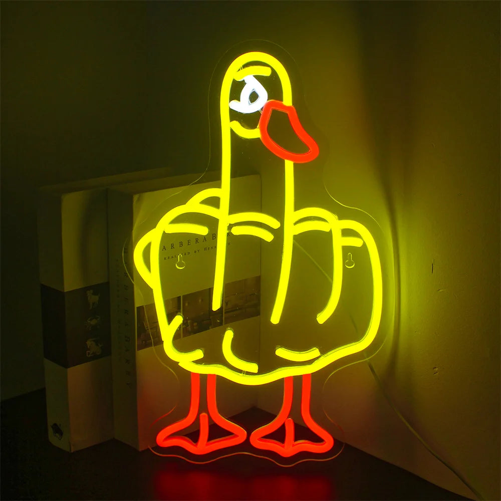 L'image présente une enseigne au néon LED brillante et faite à la main en forme de canard.