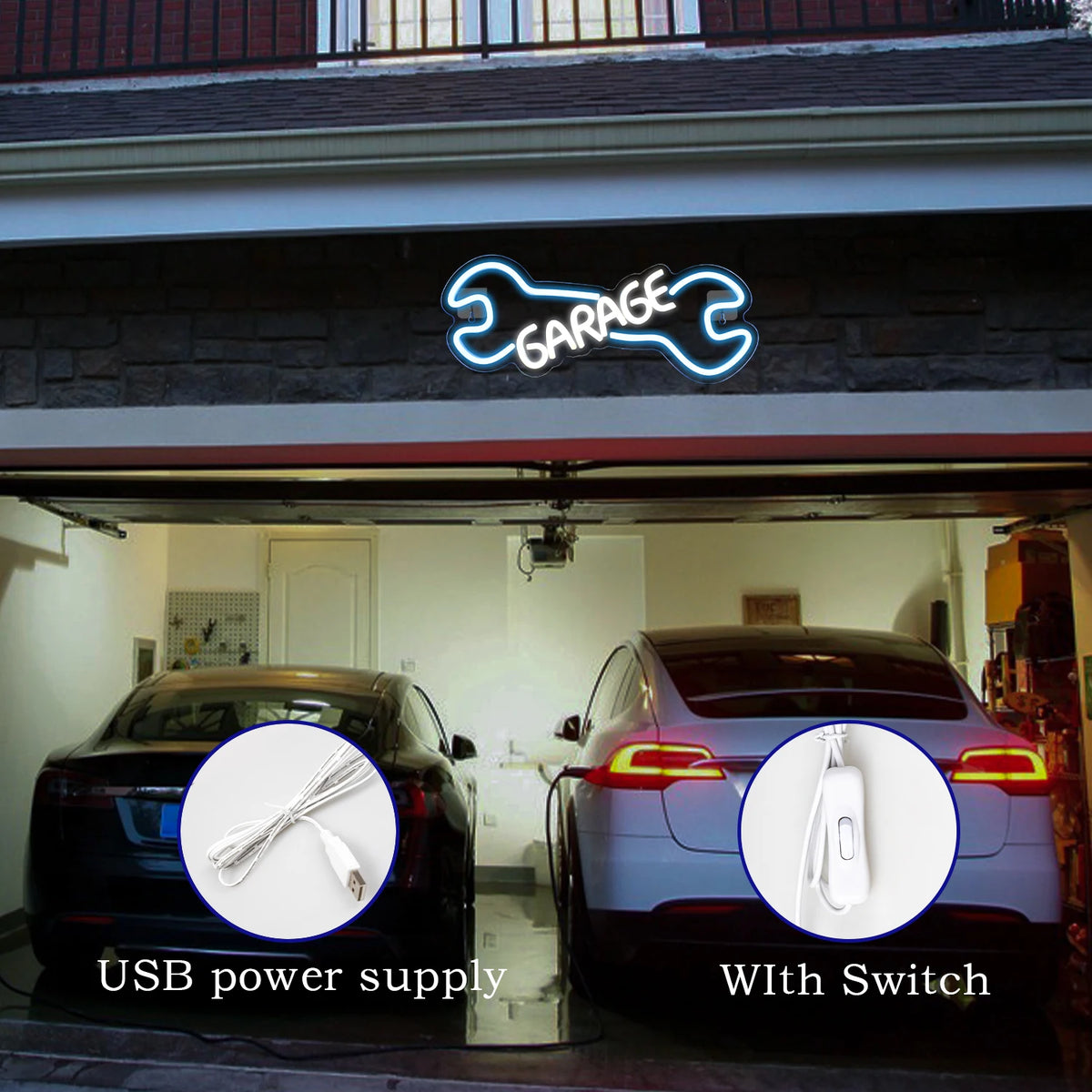 GARAGE – Skruenøgle – LED-neonskilt (5 V USB)