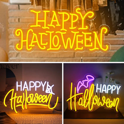 Jaskrawy neon LED z napisem „Happy Halloween” świeci na ciemnym tle.