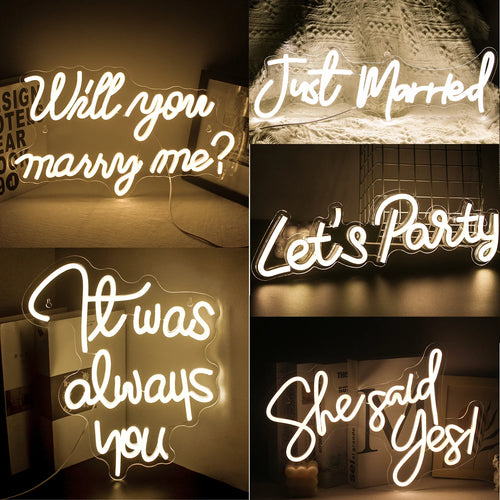 Stílusos LED-es neonreklám, amelyen a „Will You Marry Me” felirat látható elegáns, ragyogó forgatókönyvben.