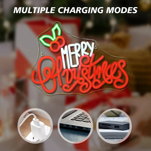 Merry Christmas – Weihnachtliche Blätter oberhalb – LED-Neonschild (5 V USB)